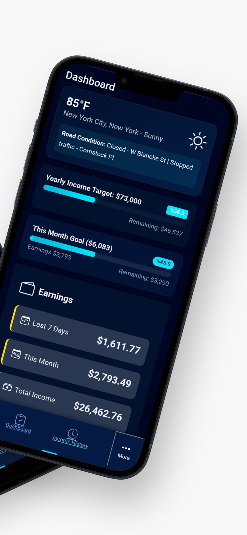 GigTaxHelper goals screen with yearly income target and this month goal progress plus recent earnings