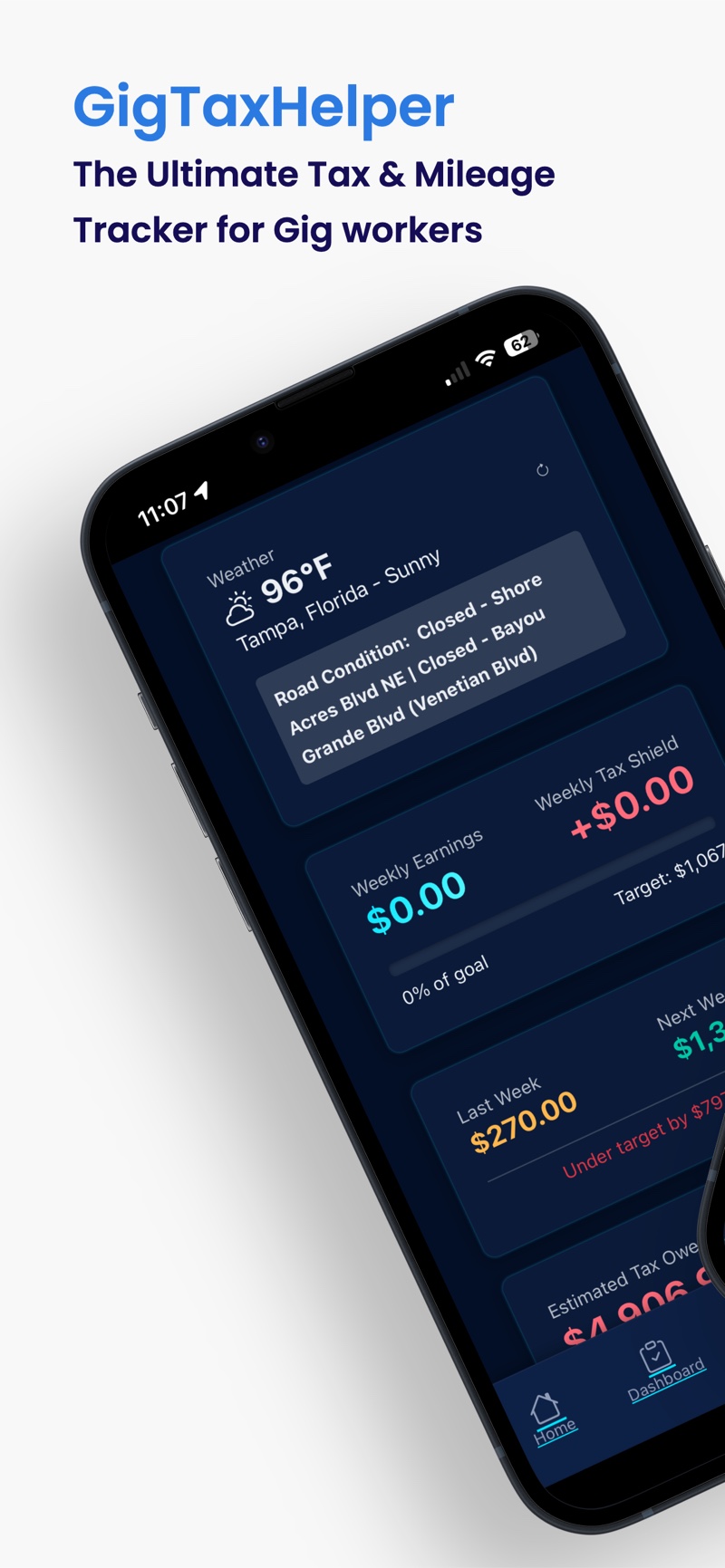 GigTaxHelper dashboard with weekly earnings, weekly tax shield, last week's total and the next week goal